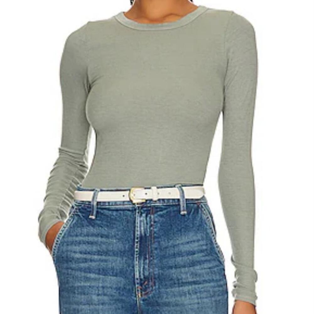 Enza Costa Top Silk Knit Long Sleeve Crew Ribbed Alpine Mist SZ XS USA Designer